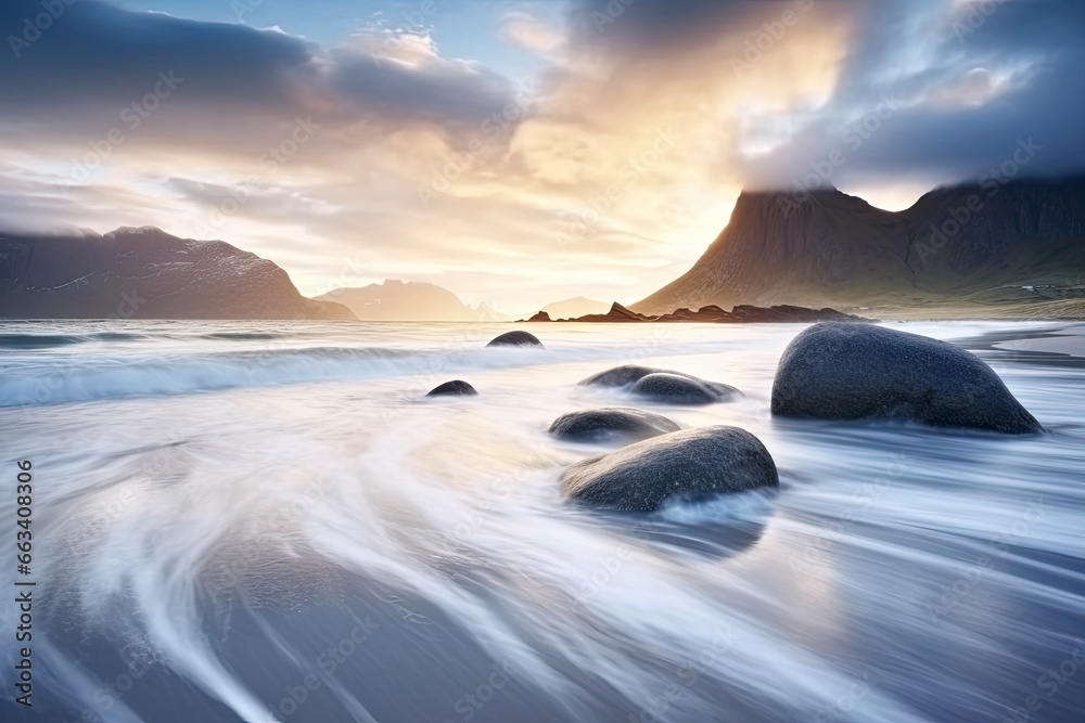 Uttakleiv Beach,with dramatic mountains and peaks, open sea and sheltered bays, beaches and untouched lands. Uttakleiv Beach,with dramatic mountains and peaks, open sea and sheltered bays, beaches and untouched lands.