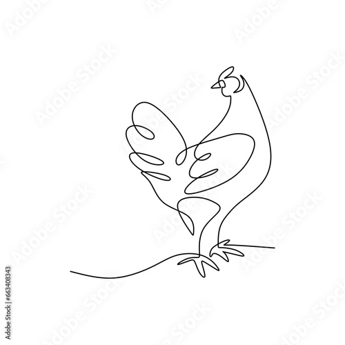 Chiken one line drawing. Animal continuous single outline