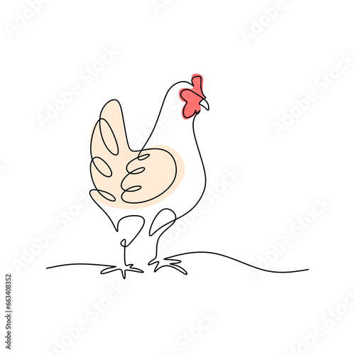 Chiken one line drawing. Animal continuous single outline