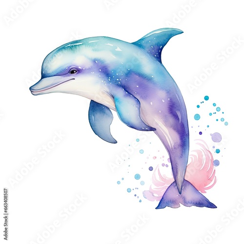 Watercolor fantasy Baby Dolphin clip art isolated white background. © MdDin