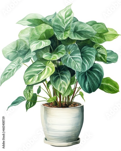 Watercolor potted houseplant isolated on white background.