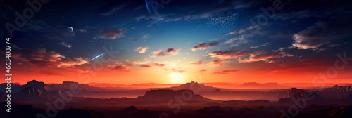 Earth with the sun setting on the horizon, casting a warm glow over the starry sky. © Maximusdn