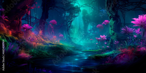 bioluminescent jungle at night  with fluorescent plants and animals creating an otherworldly  neon-lit atmosphere.