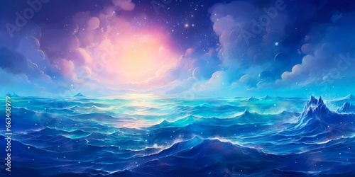 ocean filled with stars and planets, where constellations mirror the patterns in the waves.