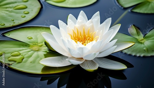 White water lily. White lotus with leaves on dark pond.