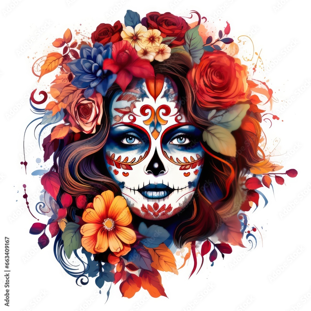 Woman sugar skull with beautiful colored flowers on white background.