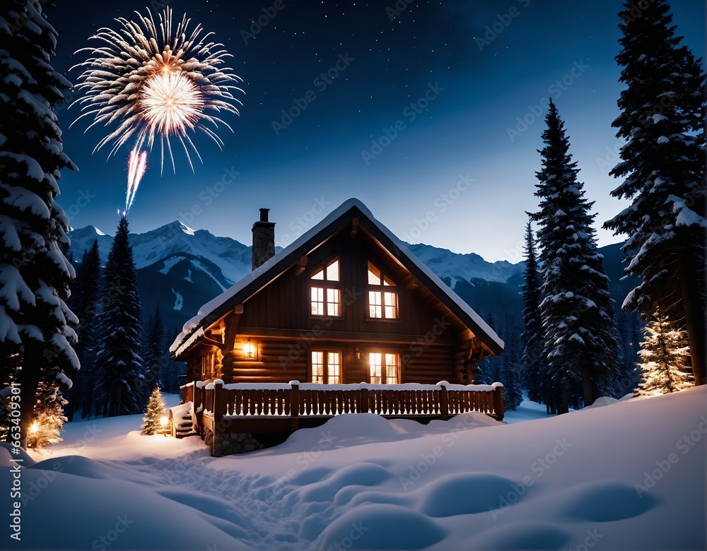 A cozy mountain cabin nestled among snow-covered trees, with fireworks bursting in the night sky, illuminating the crisp winter air