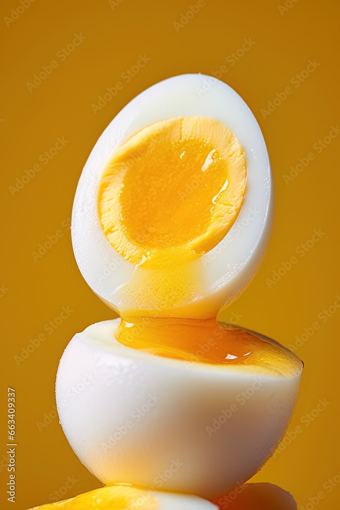 Boiled eggs stacked over bright colored background. Ai Generative