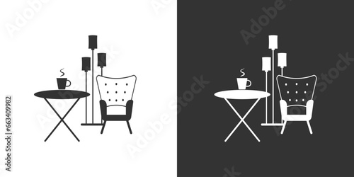 Interior with armchair, coffee table and floor lamp. Black and white vector flat icon.