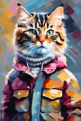 Gato malhado vestindo roupas de inverno, casaco e cachecol. gatinho fofo rajado com roupa de frio.