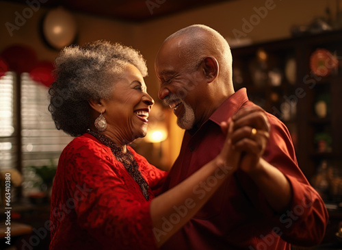 Elderly African American couple slow dancing in their living room.  Closeup with focus on their smiling faces.  