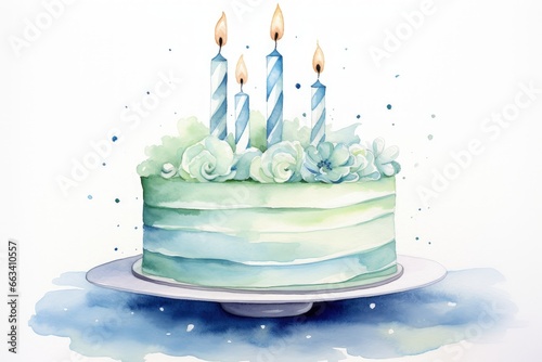 Blue and Green Watercolor Birthday Cake with Flowers and Candles