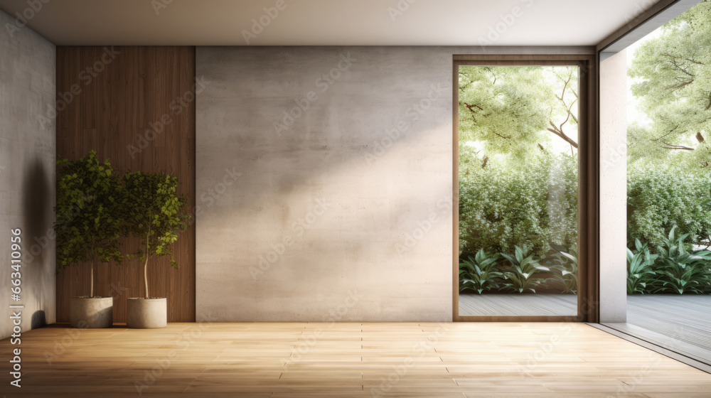 Fototapeta premium Empty room with grey wall, wooden floor with plants and window. Interior design mockup