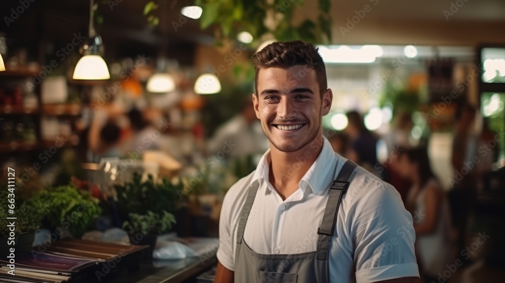 Fototapeta premium Cheerful barista enjoying the buzz in a lively cafe and retail shop