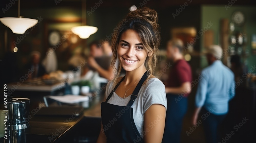 Confident waitress ready for service in a busy restaurant and retail shop Confident waitress ready for service in a busy restaurant and retail shop