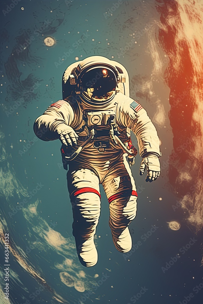 Fototapeta premium Astronaut in space. 1960s style poster design. Generative Ai