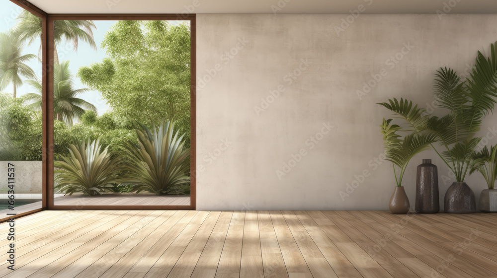 Fototapeta premium Empty room with grey wall, wooden floor with plants and window. Interior design mockup