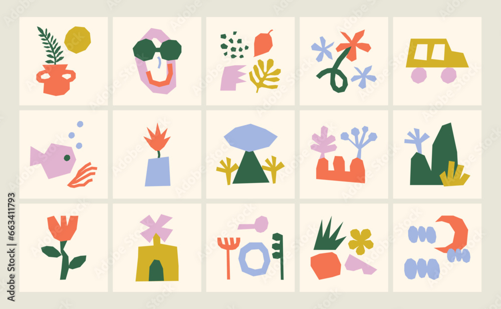 Various healthy life scenes in naive and cut style with simple and irregular shapes, Abstract vector composition set