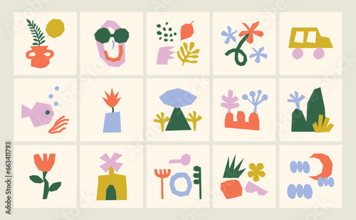 Various healthy life scenes in naive and cut style with simple and irregular shapes, Abstract vector composition set