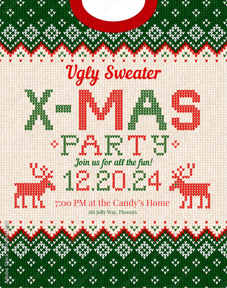 Ugly Sweater Christmas Party cards. Knitted pattern. Scandinavian style deers Ugly Sweater Christmas Party cards. Knitted pattern. Scandinavian style deers