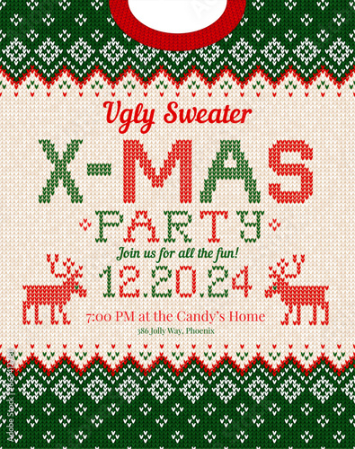 Ugly Sweater Christmas Party cards. Knitted pattern. Scandinavian style deers