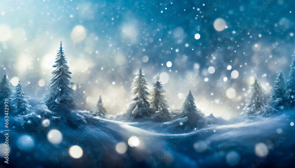 Blurry winter and snow with fir trees and blue sky and snowflakes in bokeh soft light abstract background with white light in the middle. Copy space for text.