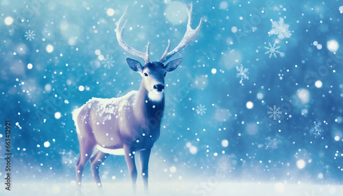 Winter landscape with reindeer seen from the front. Snowflakes flying around with Blurred bokeh soft light in background. Perfect for Christmas holiday cards or web banners. Copy space for text.