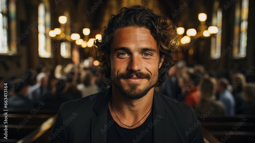 Man with Curly Hair in Church Man with Curly Hair in Church