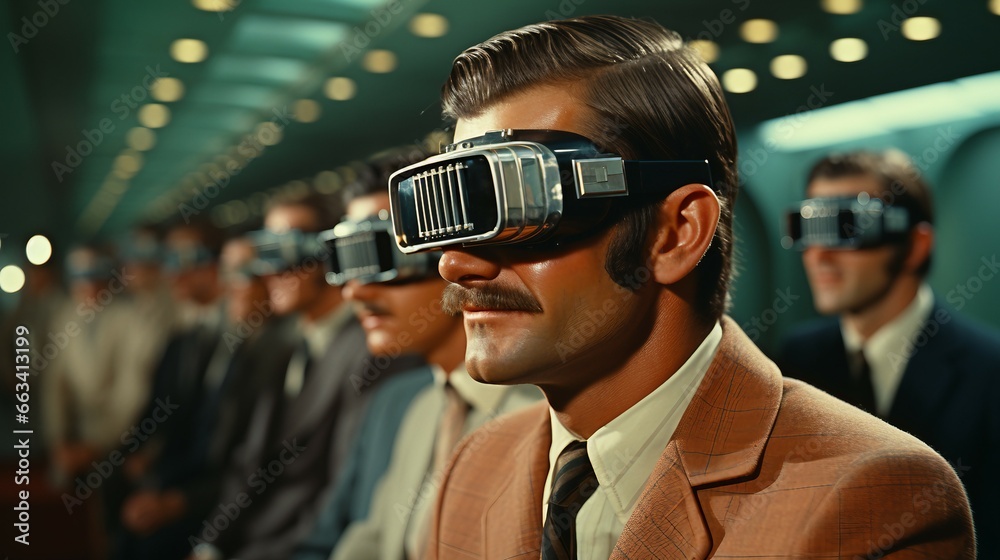 Man Wearing Virtual Reality Glasses in the 70s Man Wearing Virtual Reality Glasses in the 70s