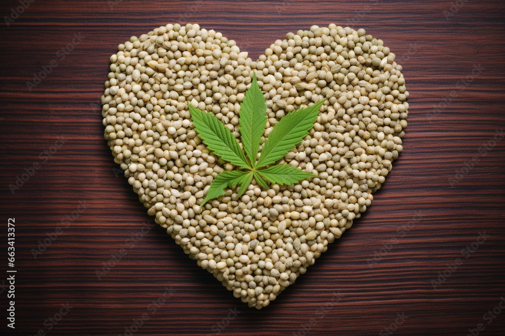 Hemp seeds arranged in a heart shape, underlining their nutritional value and potential as a superfood. Hemp seeds arranged in a heart shape, underlining their nutritional value and potential as a superfood.