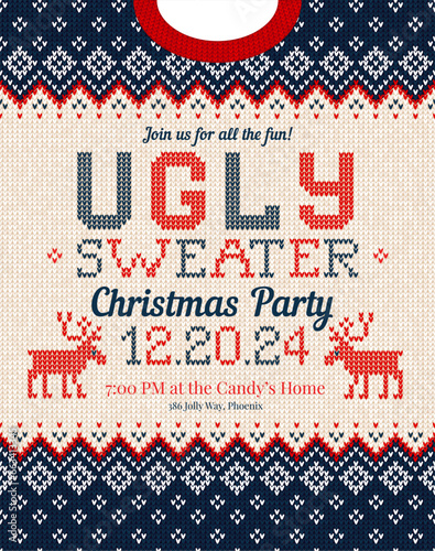 Ugly Sweater Christmas Party cards. Knitted pattern. Scandinavian style deers