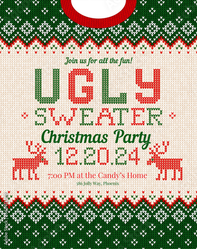 Ugly Sweater Christmas Party cards. Knitted pattern. Scandinavian style deers