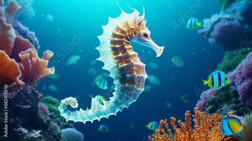 Graceful Seahorse Swimming in Coral Reef