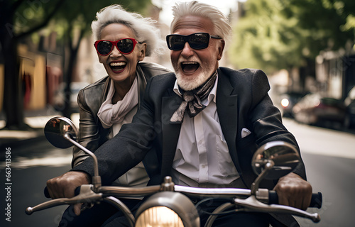 Casal feliz aposentado em uma scooter de férias. Plano de previdência. Foto de alta qualidade photo