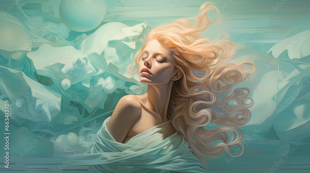 a painting of a woman in a white dress with her hair blowing in the wind. generative ai a painting of a woman in a white dress with her hair blowing in the wind. generative ai