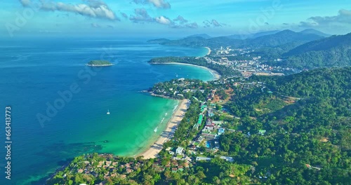 Wallpaper Mural .aerial view smooth waves in green sea hit on white sand beach at 3 beaches viewpoint. .beautiful three beaches viewpoint popular landmark to see three beaches..scenery panorama blue sea green nature. Torontodigital.ca