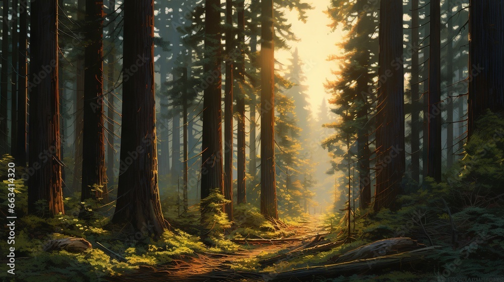  a painting of a sunlit forest with a path through the trees.  generative ai