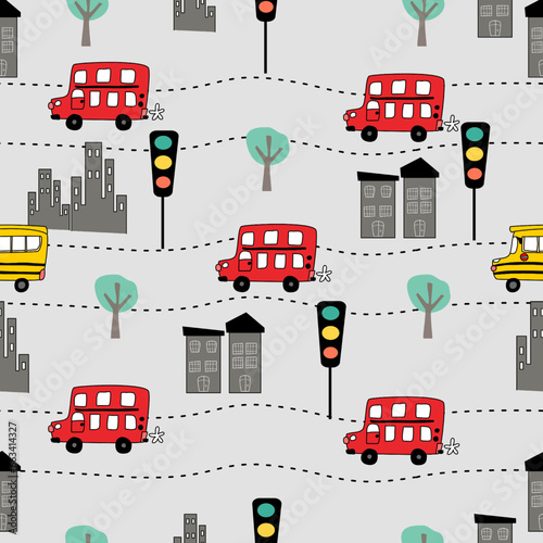 bus ,School bus cartoon pattern design concept. car and city traffic and sign on white background.Design for kid clothing.printing ,fabric pattern