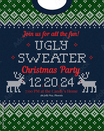 Ugly Sweater Christmas Party cards. Knitted pattern. Scandinavian style deers