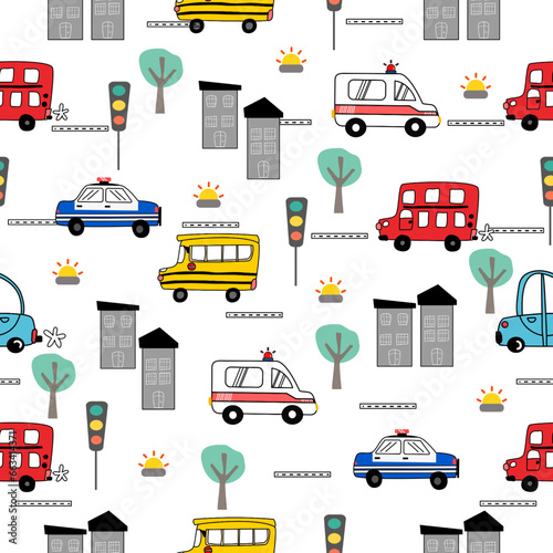 Pattern for kids.Pattern cartoon of ambulance car ,school bus ,bus ,police car on the road pattern. Car in city and traffic light