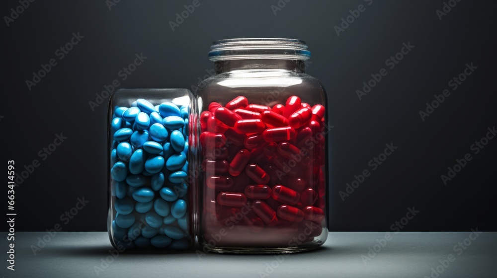 Glass jars with blue and red pills. Glass jars with blue and red pills.