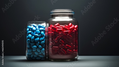 Glass jars with blue and red pills.