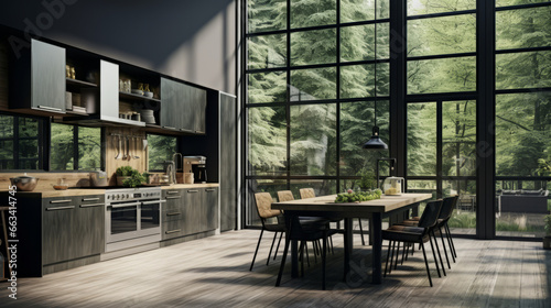 Luxury kitchen interior design mockup. High windows and kitchen furniture render © Malambo/Peopleimages - AI