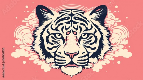  a tiger s head with a pink background and white clouds.  generative ai