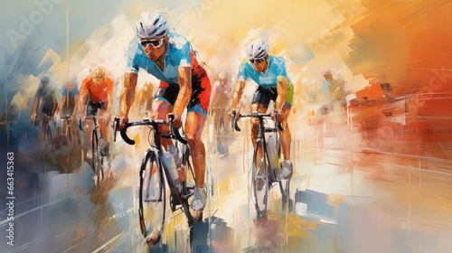  a painting of two men riding bikes on a road with other cyclists in the background. generative ai