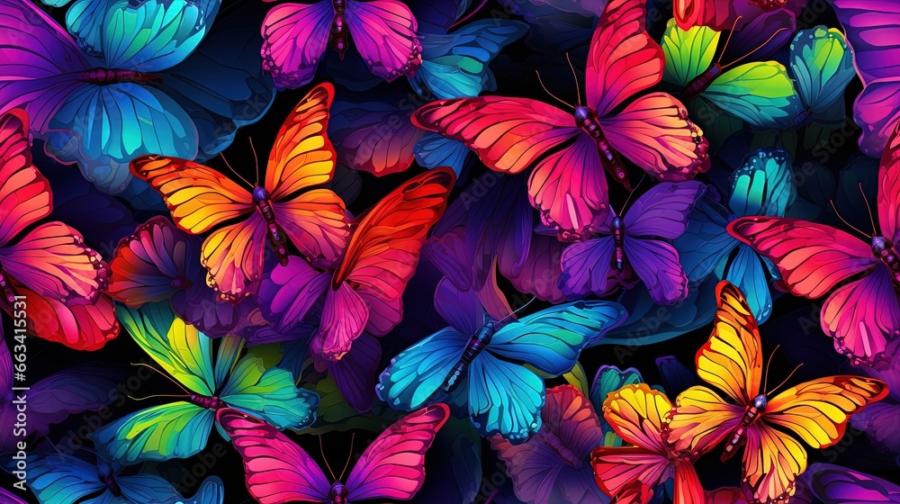  a bunch of colorful butterflies flying in the air with a black background.  generative ai