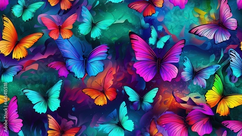  a group of colorful butterflies flying through the air on a blue background. generative ai