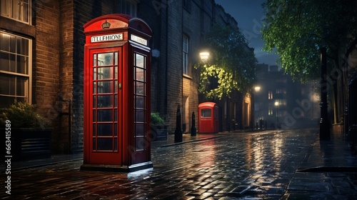 Classic Red Telephone Booth on Cobblestone Street