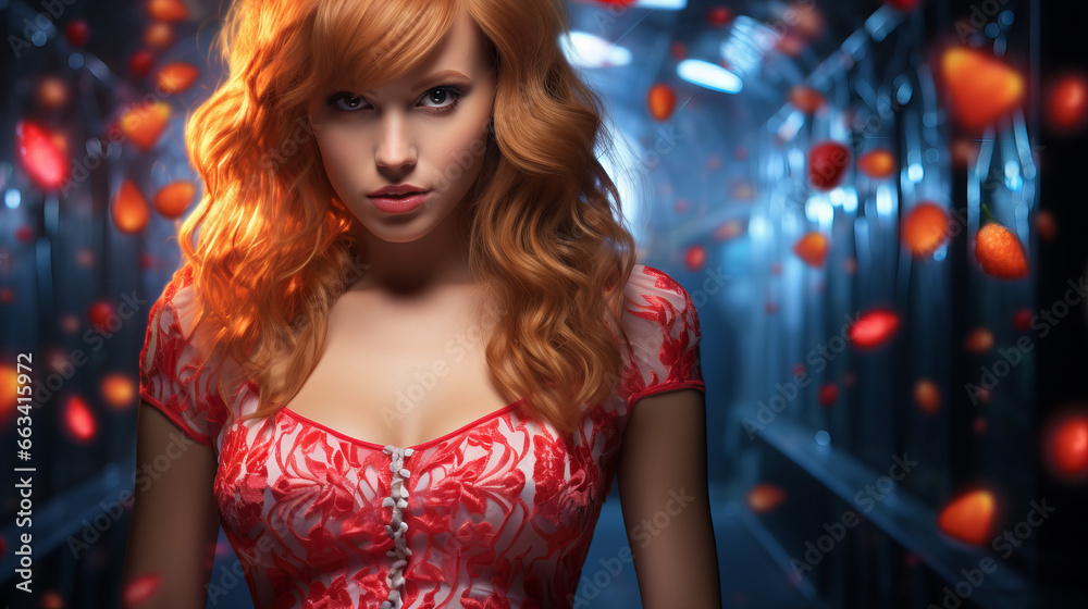 Portrait of a woman in a night club. Gorgeous strawberry blonde model in v-cut dress posing at camera, hyperrealism, copy space