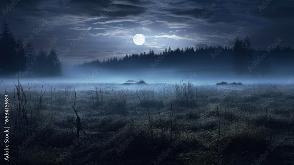 Fototapeta premium A blanket of fog stretches across a meadow, the moonlight shining through like a beacon in the darkness